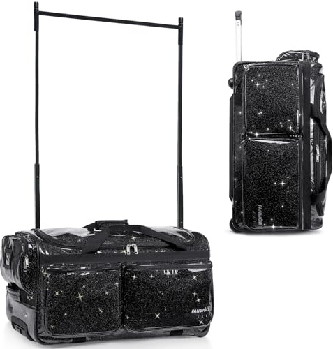 Fanwoli 71,1 cm große Tanztasche mit Kleiderständer, verbessertes stabiles System und Stoff, leichter und verschleißfester, idealer Wettkampf-Rolltasche, Schwarz, 28-Inch, Wasserfester, funkelnder