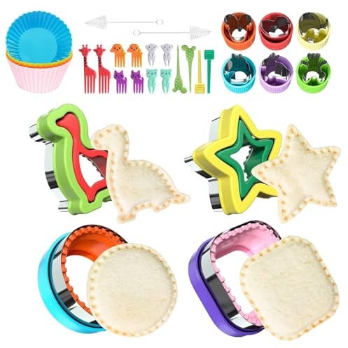Lumeclat Set de 30 Cortadores de Acero Inoxidable para Tostadas,con Pinchos para Frutas,Moldes para Pan,Vasos de Papel y Cepillo-Incluye Motivos de Dinosaurios y Estrellas,Adecuado Galletas DIY