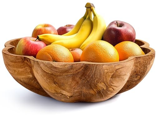 Decorative Wooden Bowl, Large Fruit Bowl for Kitchen Counter, Teak Wood