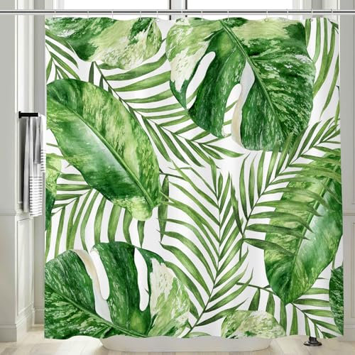 Vgzsyomqib Feuille Vert Rideau Douche Anti Moisissure Imprimé Jungle Rideau de Salle Bain 120 x 200 Long Tissu de Polyester Imperméable Motif Tropical Rideaux Baignoire Lavable Machine
