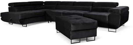 Aller Lang XL Modernes Design Ecksofa mit Schlaffunktion, Bettkasten in Ottomane, Hocker mit Stauraum – Tierfreundlicher Waterproof-Welvet, inkl. 2 runde Kissen, Ottomane Links. (Schwarz)
