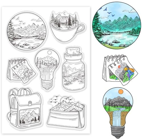 GLOBLELAND Landschaft Teetasse Silikonstempel Glühbirne Dschungel Abenteuer Transparente Stempel Rucksack Klare Stamps Für Karten Herstellung DIY Scrapbooking Basteln