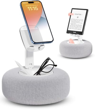 Viozon Phone Stand with Pillow, Phone Holder for Bed, Kindle Holder, Compatible with 3.5-7 Devices, with Small Storage Bowl, Height Angle Adjustable, Detachable Pillow, Grey