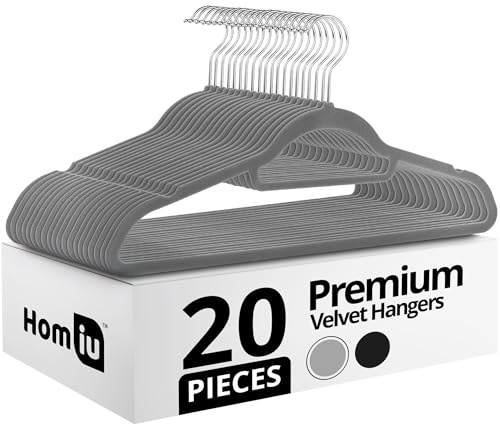 Homiu Velvet Suit Hangers – 20 Pack, Grey – Non-Slip with 360° Swivel Hook & Tie Bar – Heavy-Duty, Space-Saving Clothes Hangers for Adults