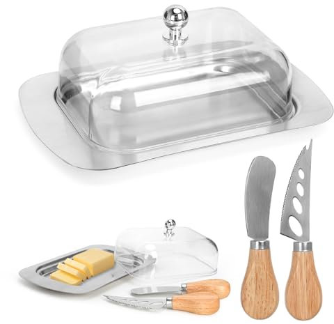 Butter Dish with Transparent Lid,Stainless Steel Butter Dish with Handle,2 Types of Butter Knives,Butter Holder Butter Container for 250G Butter,for Storing Cheese, Cakes, Desserts, Fruits