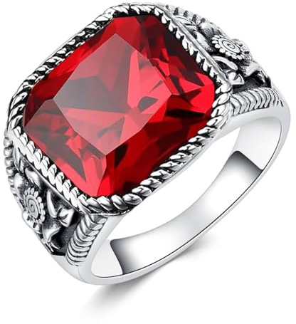 Vintage 10mm Quadrat Schliff Created Ruby Band Herrenring 925 Sterling Silber Red Ruby oxidiert Daumenring für Vater Ehemann Männer Geschenke