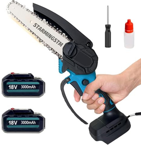 6 Inch Cordless Mini Chainsaw with 2x18V 3.0Ah Batteries&1 Charger, 2 Chains,1x Oil Bottle,1 Guide Plate,1 Screwdriver&Goggles- Tool-Free Installation Design,Handheld Chainsaw for Garden Courtyard Cut