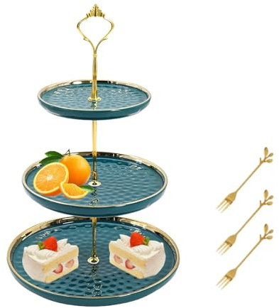 Round Porcelain Tiered Cupcake Stand 3 Tier, Layered Dessert Rack with Three Forks for Party Service Tray, Tea Party, Wedding, Fruit Pastry Rack Birthday Service Tray (Green)