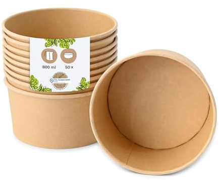 BIOZOYG Bol à salade 50 pièces 800 ml marron - Bol jetable pour soupe et salade à emporter - Vaisselle jetable Deli Container - Bol à emporter - Récipient à soupe en carton jetable