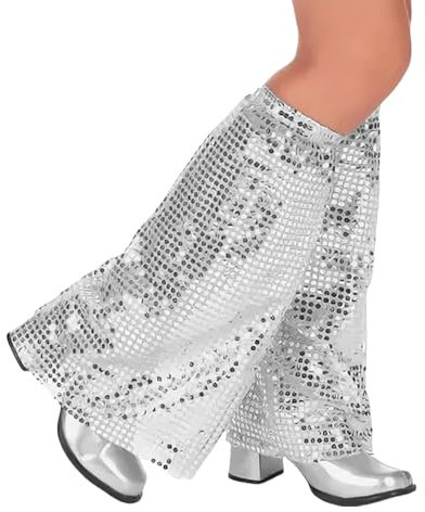 BIBITI 1Paar Abba Kostüm Damen Stulpen Silber Glitzer,Discokugel Kostüm Disco Pailletten Stiefel,Karneval Metallic Silberne Hippie Boots 70s Jahre Outfit Hose Beinstulpen Glitter für Fasching Schuhe
