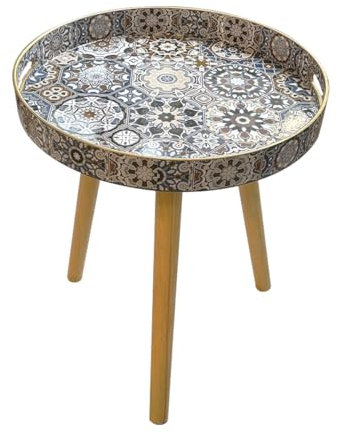 Heaven4you Round Wooden End Side Table with Decorative Moroccan-Style Tray Top Vintage Accent Table with Sturdy Wooden Legs