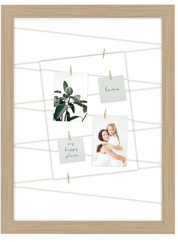 KNOR Clip-Fotohalter, Fotowand zum Anbringen von Fotos, Fotohalter Fotorahmen Bilder Rahmen Galerie, mit 20 Kleinen Holzklammern (Buche, 40x50 cm)