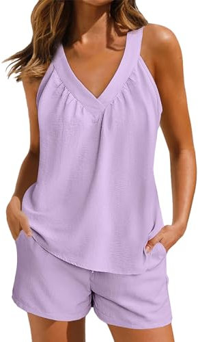 Pigiama corto da donna, in due pezzi, elegante, tinta unita, 2 pezzi, con scollo a V, Cami Top e pantaloncini, estivo, senza maniche, per il tempo libero, in mussola, set comodo da lounge, Lilla, S
