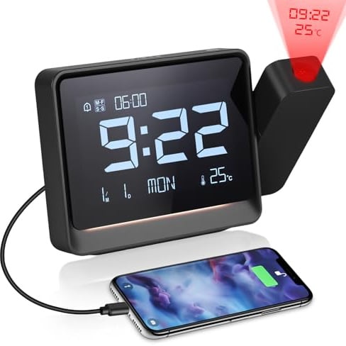 Projection Alarm Clock for Bedroom,Digital Clock with Projection on Ceiling with Dual Alarms with Weekday/Weekend Mode,Date,Temperature,Snooze,5-Level Dimmer,12/24H,Night Light,USB Charger Ports