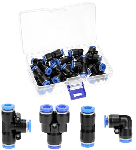 QWORK® 20 pièces connecteurs pneumatiques 6 mm, 4 formes attaches rapides à pression pneumatique, connecteurs de raccord pneumatiques, pièces droites, angulaires, Y et T