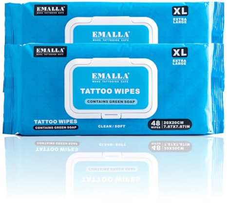 EMALLA Cleansing Green Soap Tattoo Wipes 2 pack (48-count) Alcohol-Free Plant Fiber Tattoo Aftercare Supplies for Ink Wipe Skin Care Tattooing