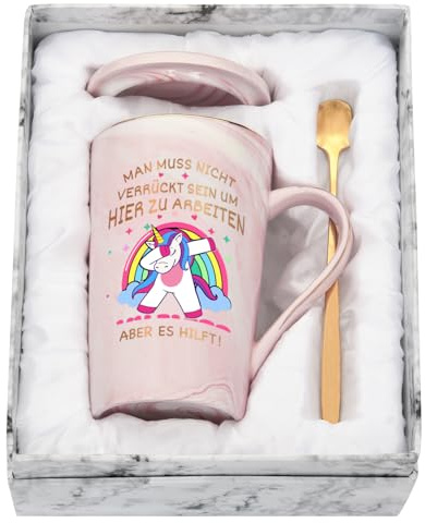 Joymaking Lustige Tasse Büro Geschenk für Arbeitskollegin - Man muss nicht verrückt sein um hier zu arbeiten - Abschiedsgeschenk für Kollegin, 400ml Rosa