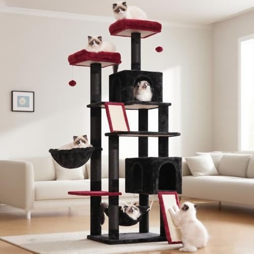 Gitelsnour Arbre à Chat, Tour de Jeux pour Chats de 180cm, Tour à Chat Interieur avec 2 griffoirs, 7 poteaux à griffer, 2 perchoirs, 2 Lits pour Chat en Peluche, hamac, Noir Et Rouge GCT032BR