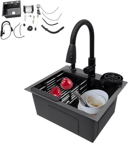 Fregadero de cocina negro 45 x 40 cm, acero inoxidable, 1 lavabo empotrable con grifo extraíble, rango de giro de 360°, juego completo (fregadero + lavavajillas + cesta de goteo + dispensador de jabón