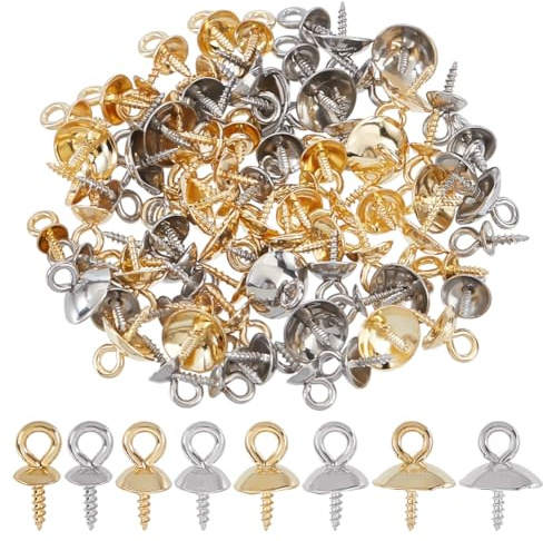 CRAFTYMELODY 96 Stück Cup Pearl Peg Bails 8 Stile Edelstahl Schrauböse Pin Bail Caps Pin Anhänger Für Halb Gebohrte Perlen Charm Verbinder