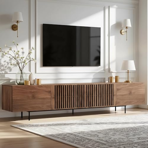 TFFCIC Walnut 240cm Wide TV Stand Unit, Extra Large Fluted Wooden TV Cabinet with Storage, Long Media Unit for Living Room or Bedroom 65 75 85 100 Inch TVs