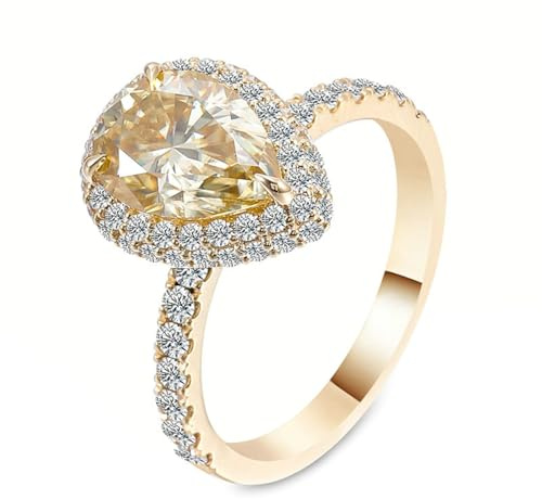 Musihy Women 18K Yellow Gold Halo Wedding Ring for Her with 3ct Pear Shape Champagne Moissanite, Size P 1/2