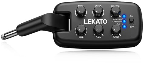 LEKATO Gitarren-Kopfhörerverstärker, Tragbarer Plug-in-Übungsverstärker für E-Gitarre/Bass, 9 Amp-Modelle/6 Effekte, Bluetooth, 180° Stecker, OTG-Funktion, Anfänger wiederaufladbarer Taschenverstärker