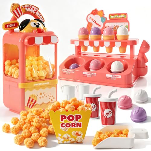 Play Food with Lights&Music,Pretend Play Popcorn Machine&Ice Cream Shop | Kids Toy Play Kitchen,Toy Kitchen Play Food Set,Kids Educational Pretend Kitchen Toy, Ideal Birthday Gift for Boys & Girls