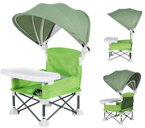Klappbarer Kinderstuhl, Kinder Campingstuhl mit Abnehmbarem Tablett und Sonnenschirm, Tragbarer Babysitz, Kinder Esszimmerstuhl für Garten, Terrasse, Camping, Reisen und Picknick
