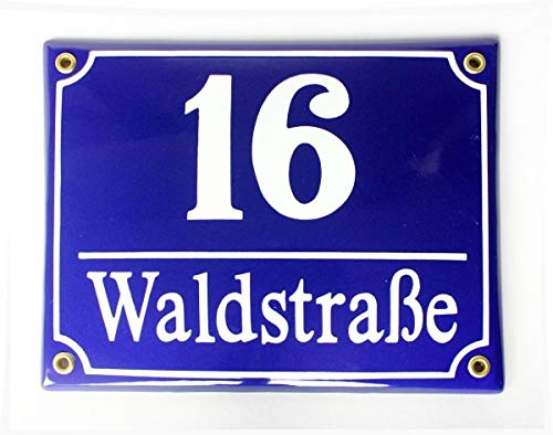 Süddeutsches Emaille Hausnummernschild mit Wunschzahl und Wunschtext 20x16 cm