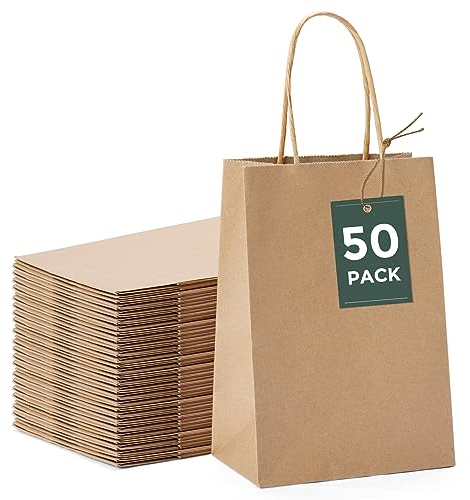 GSSUSA 50 Pcs Brown Kraft Paper Bags 5.25x3.75x8, Small Paper Bags with Handles for Shopping, Gift, Merchandise, Retail, Party Favor, Wedding, Gift Bags, Bags for Small Business, Boutique