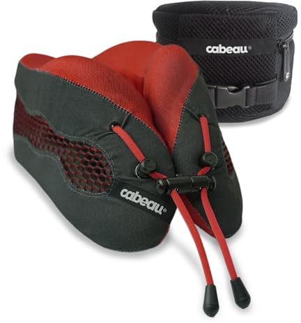 Cabeau Langstreckenflugkühlendes Reise-Nackenkissen – Evolution Cool – stützender Memory-Schaum mit Belüftungsöffnungen – kompakt mit Tragetasche (rot)