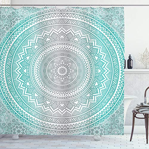 ABAKUHAUS Grau und Aqua Duschvorhang, Stamm Mandala Zen, mit 12 Ringe Set Stielvoll Modern, 175x200 cm, Aqua Grau