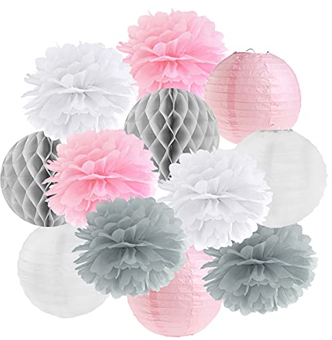 Hängedekoration 12 teilig Mix - Lampions, Wabenbälle/Honeycombs, Pompoms (rosa / grau / weiß)
