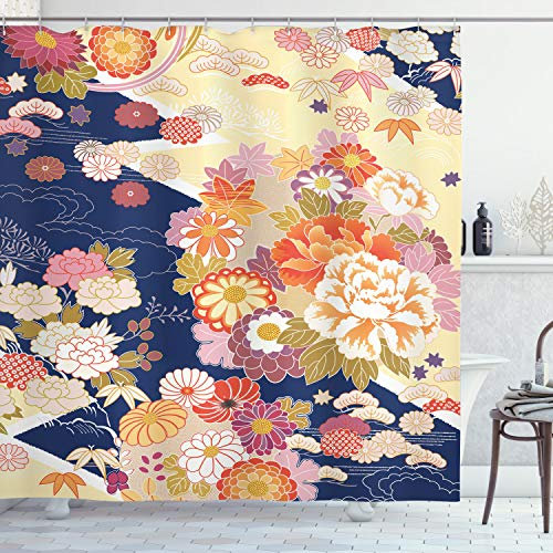ABAKUHAUS Japan Duschvorhang, traditionelle Blumen, Stoffliches Gewebe Badezimmerdekorationsset mit Haken, 175 x 240 cm, Rosa Indigo