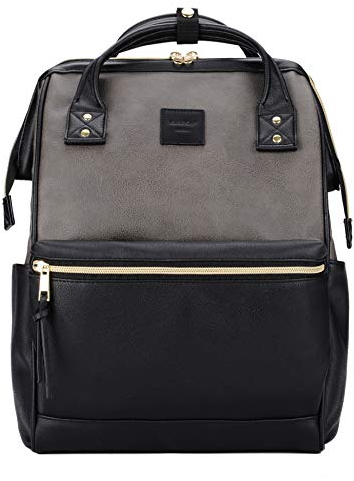 Kah&Kee Leather Laptop Rucksack Backpack for Women, 15-inch Laptop Bag, Versatile Nappy Bag for Teachers, Working Parents, School, College, and Travel(Grey/Black,Medium)