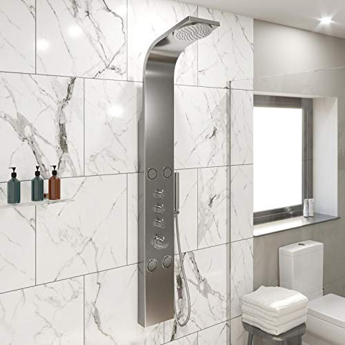 Architeckt® Thermostatic Shower Tower Column Panel, Three Function 3-in1 System with Rainfall Head Handset 4 Body Jets Curved Showers, Brushed Steel