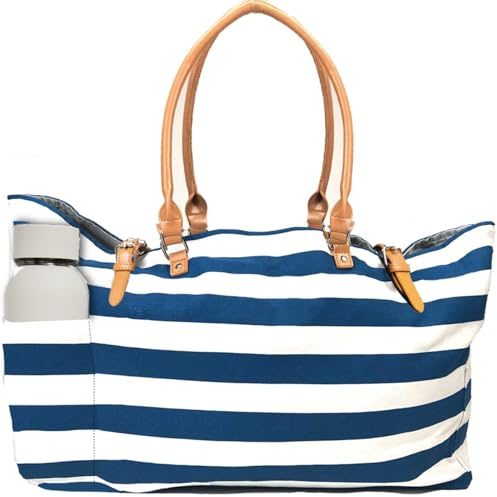 Keho Wasserdichte Strandtasche mit Taschen für Damen (sanddicht), Blau-weiße Streifen, Large