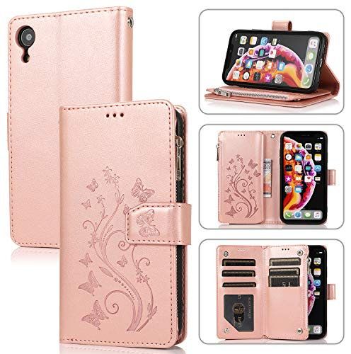 UEEBAI Wallet Case for iPhone XR, Premium PU Leather Magnetic Closure Flower Pattern Handbag Zipper Pocket Case Kickstand Card Holder Slots Shockproof Flip Cover for iPhone XR - Rose Gold