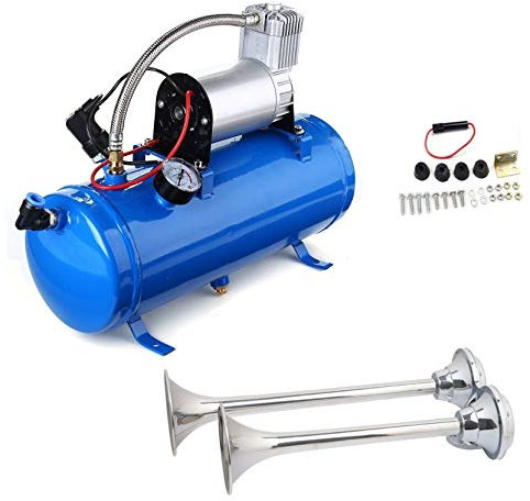 Double Klaxon A Air En Acier Chrome Camion Train 130dB 12V 24V + Compresseur D'Air 150psi Avec Reservoir De 6L