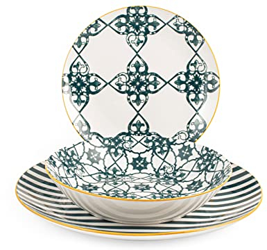 H&H 9185400 Servizio Tavola Coupe, Porcellana, Decoro Emerald, 18 Pezzi