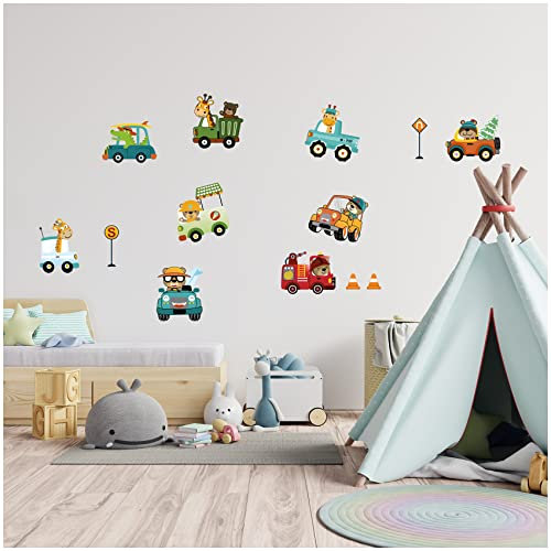 Wandsticker personalisiert Sticker Aquarell Tiere mit Name Wandtattoo für Kinderzimmer Babyzimmer Spielzimmer Mädchen Junge Y037 (Nr. 18 Autos, Ohne Wunschname)