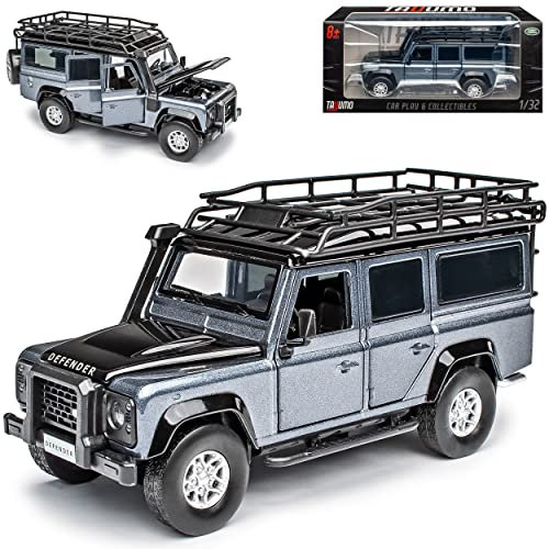 Land R*O*V*E*R Defender 110 Grau mit Dach in Schwarz mit Licht und Sound 1/32 Tayumo Modell Auto mit oder ohne individiuellem Wunschkennzeichen