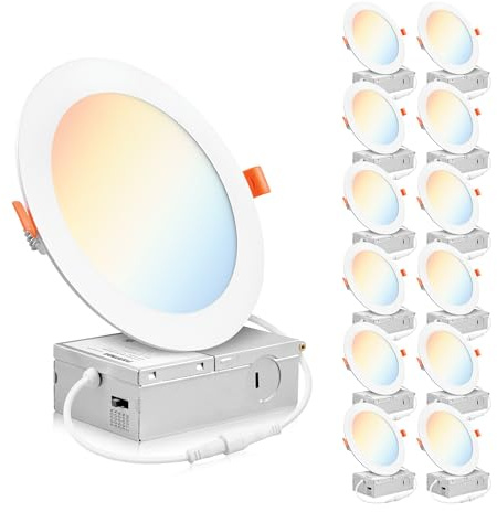PARMIDA (12 Pack) 6 Inch Dimmable 5CCT Ultra-Thin LED Recessed Ceiling Light with Junction Box, 5 Color Selectable 2700K/3000K/3500K/4000K/5000K, 12W, Canless Wafer Slim Panel Downlight, IC Rated, ETL