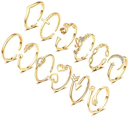 FUNEIA 12 Stücke Verstellbare Ringe Damen 14 Karat Vergoldete Gold Silber Rosegold Ring set Knöchelringe Daumenringe Set Rose Mond Stern Stapelbare Ringe Offene Fingerringe Frauen Mädchen (Gold)