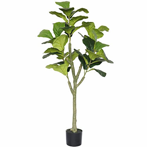 SOFTFLAME 4ft Fiddle Leaf Fig Artificial Tree, Fake Ficus Lyrata Tree, Real Touch Technology, Artificial Plant with 42 Leaves, Perfect for Home Office Indoor Decoration