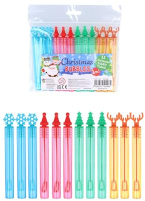 Henbrandt 12 x Mini Christmas Bubble Tubes with Wand Children’s 4ml Bubbles with Xmas Toppers Stocking Loot Bag Fillers Party Bags Outdoor Games for Boys and Girls