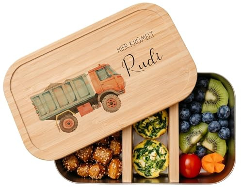 Manufaktur Liebevoll | Brotdose mit Namen für Kinder aus Edelstahl u. Bambus | Personalisiertes Geschenk u.nachhaltige Geschenkidee für Mädchen u. Jungen | Lunchbox (Motiv Kipper)