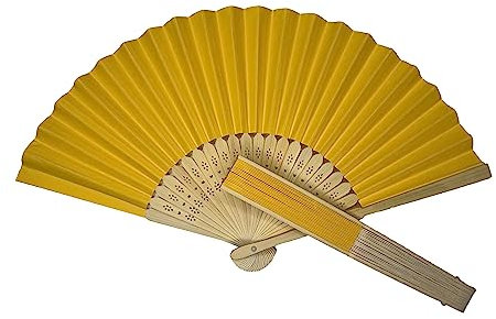 Parev Dark Yellow Paper Foldable Hand Held Bamboo Wooden Fan