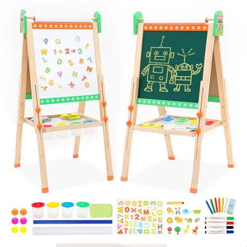 Kinder Spiel-Tafel aus Holz mit Papierrolle Doppelseitige Whiteboard und Tafel Faltbar Höhenverstellbar Kinder Staffelei mit RoboterMuster, Zahlen und Anderem Zubehör für Kinder